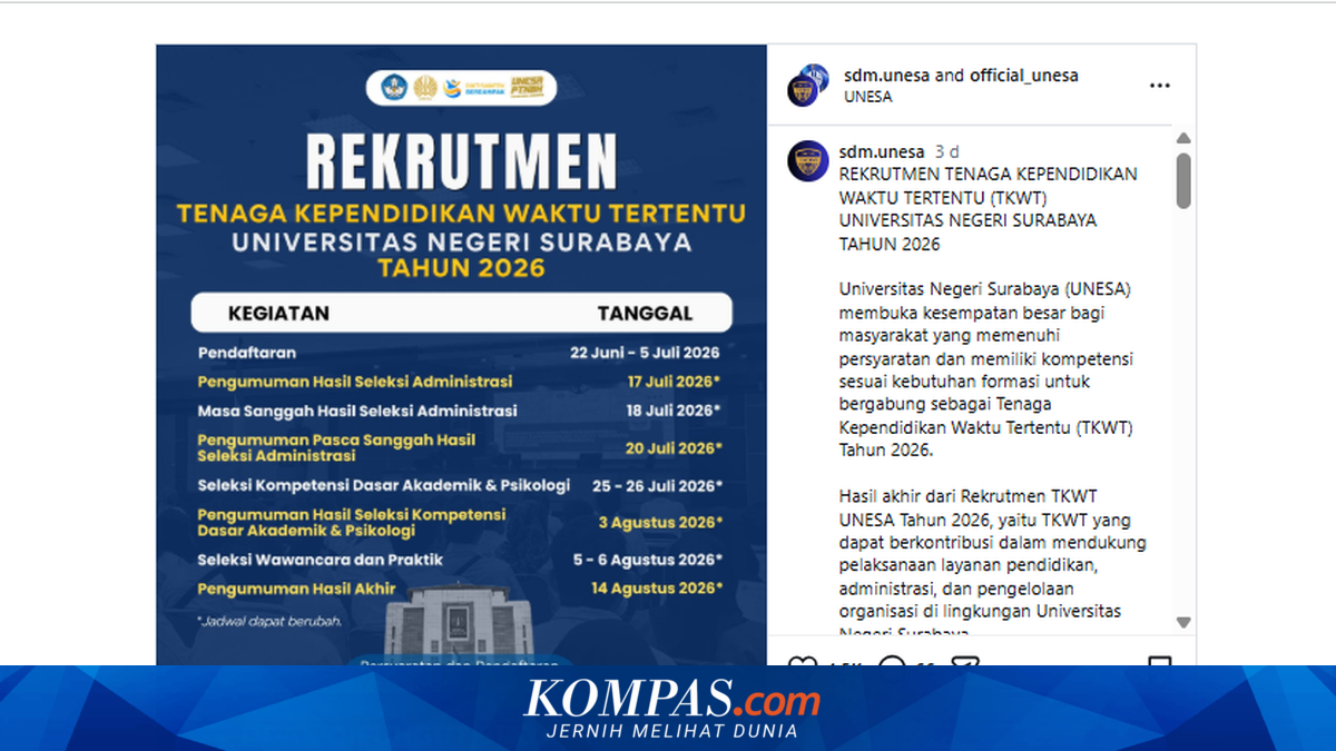 Pendaftaran Lowongan Tenaga Kependidikan Waktu Tertentu di Unesa Dibuka 22 Juni 2026